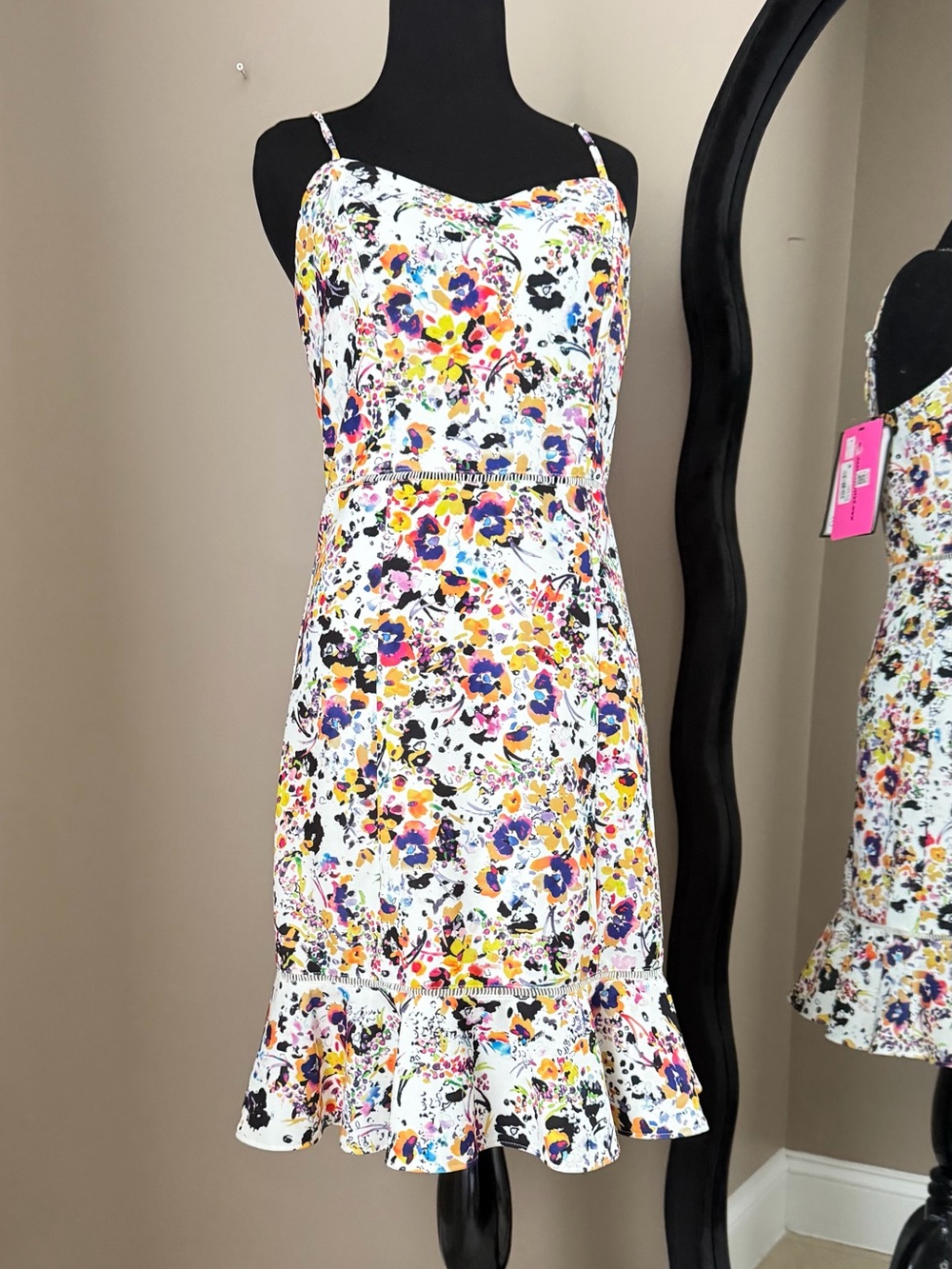 Betsey Johnson White Floral Mini Dress with Ruffle Hem